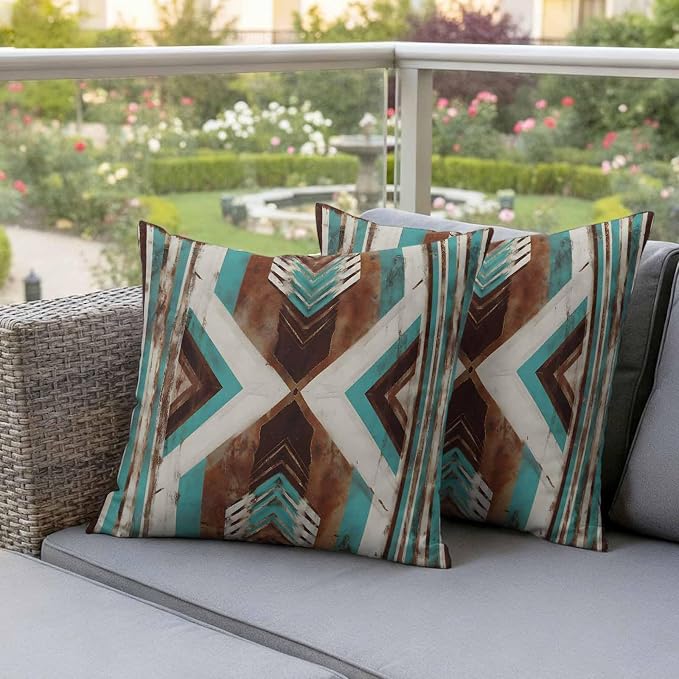 Aztec Southwestern Outdoor Pillow Covers 26"x26" Set of 2, Vintage Abstract Brown Turquoise Diamond Waterproof Throw Pillow Covers for Patio Furniture, Decorative Cushion Covers for Porch
