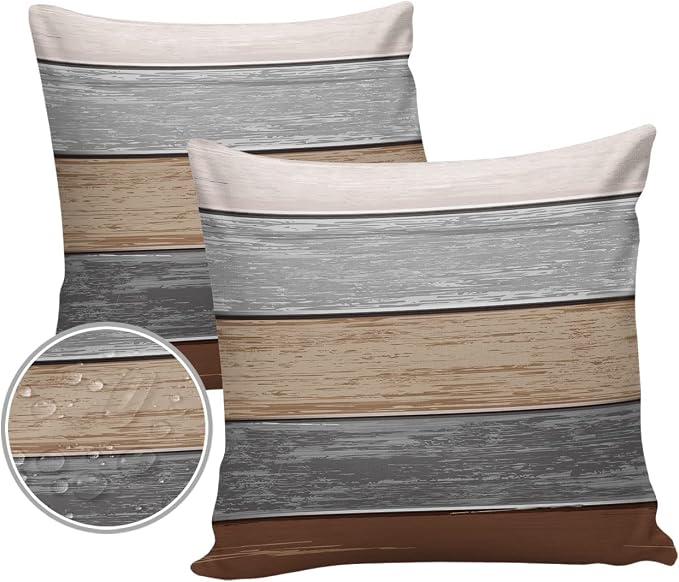 Outdoor Throw Pillow Covers 16X16 Set of 2 Waterproof Ombre Ground Color Brown Grey Decorative Zippered Cushion Covers for Patio Furniture,Lumbar Pillowcases Farmhouse Retro Rustic Barn Wood Texture
