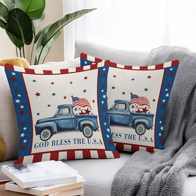 Independence Day Outdoor Pillow Covers Set of 2,Farm Blue Truck American Flag Star Decorative Waterproof Throw Pillow Case, Patriotic Red Plaid Cotton Linen Soft Cozy Cushion Pillowcases 16x16In
