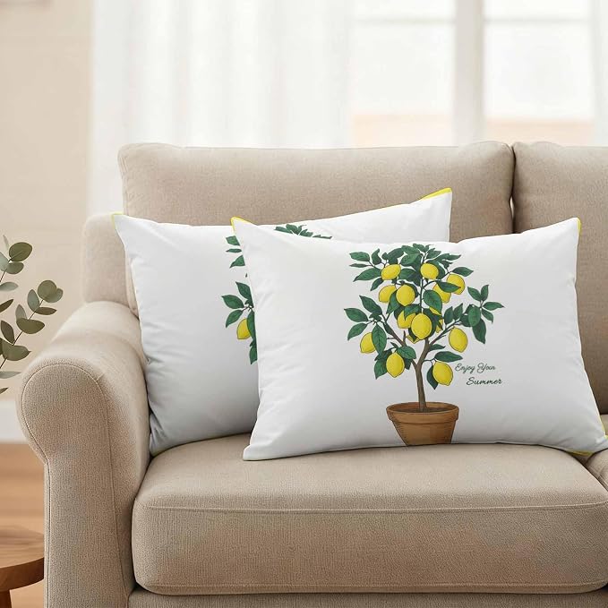 Summer Yellow Lemons Outdoor Waterproof Pillow Covers Set of 2, Green Leaf Botanical Garden Frame Pillowcase Decorative Throw Cushion Cases for Patio Garden Couch 20 x 12 Inches