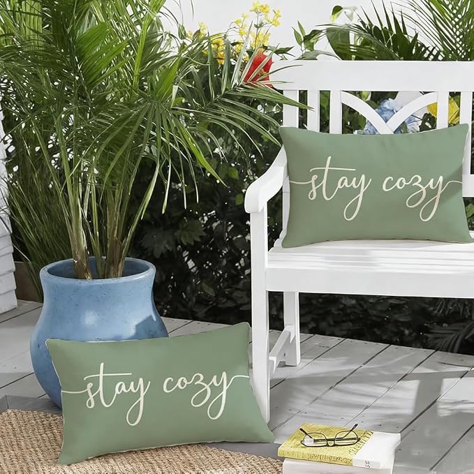 RABUSOFA Green Outdoor Pillow Covers 12x20 Waterproof Stay Cozy Decoration | Outdoor Patio Decoration, Waterproof & Durable Fabric, Machine Washable, Invisible Zipper, Not Insert