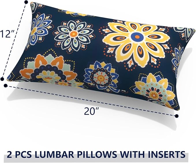 Outdoor Lumbar Pillows with Insert 12x20 Inch, Waterproof Throw Pillow for Patio Furniture, Decorative Lumbar Cushions for Garden Home Sofa Office Chair, Set of 2, Bloom Medallion‌Cobalt