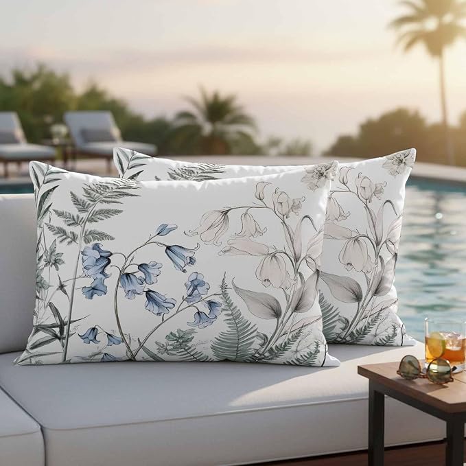 Lumbar Pillow Covers 20x12 Inch Set of 2, Blue Beige Floral Waterproof Outdoor Pillow Covers, Farmhouse Botanical Decorative Cushion Pillowcases for Couch, Sofa, Bed, Garden, Patio
