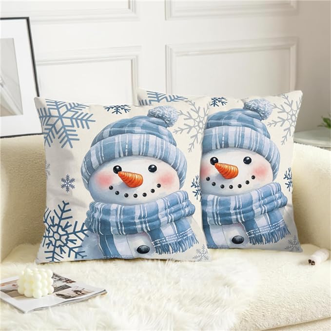 Lovely Blue Snowman Pillow Covers Winter Throw Pillow Case 18x18 Set of 2 Snowflakes Pillowcase Holiday Cushion Case for Living Room Bedroom Couch Sofa