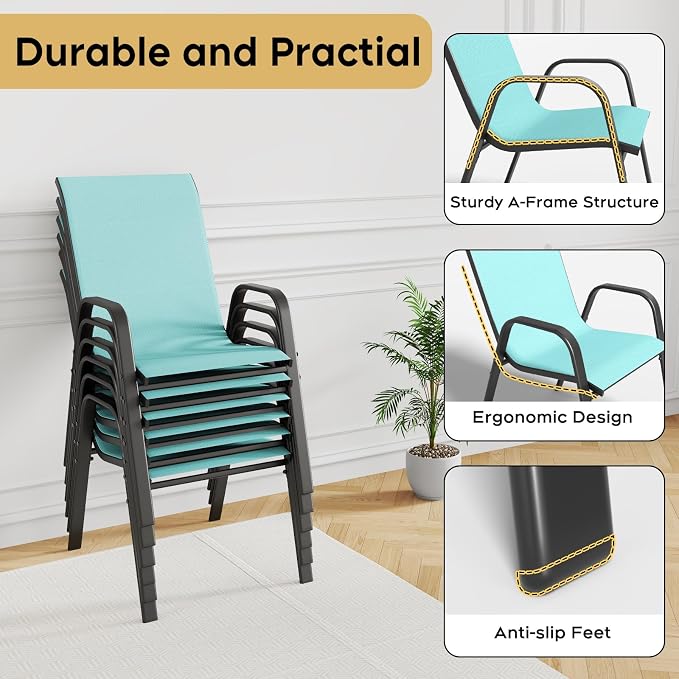 Outdoor Patio Dining Set for 6, 7 Pieces Patio Table and Chairs Set with Umbrella Hole, 47"x 47" Round Metal Wood-Grain Dining Table Set with 6 Stackable Patio Chairs for Deck , Backyard, Porch