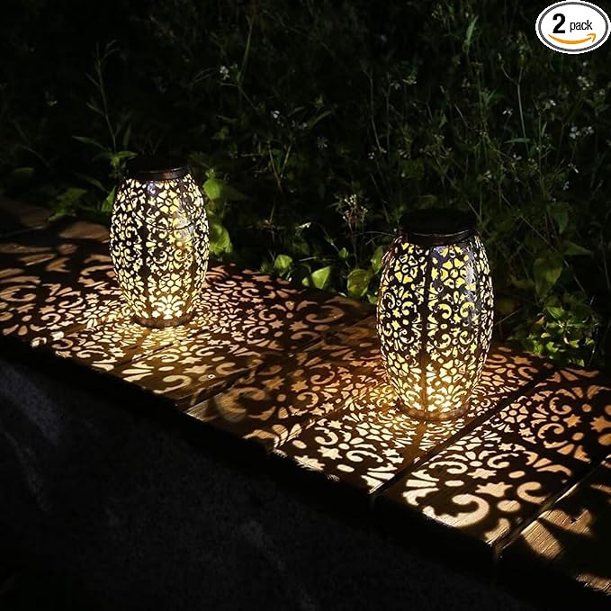 2 Pack Solar Lantern Lights for Hanging or Table Outdoor Solar Light for Patio Courtyard Garden (Silver-2pack)