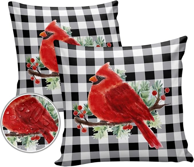 Vandarllin Christmas Outdoor Throw Pillows Covers 20X20 Set of 2 Waterproof Red Cardinals Decorative Zippered Lumbar Cushion Covers for Patio Furniture, White Black Buffalo Check Plaid
