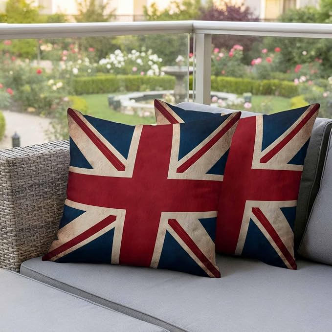 4th of July Outdoor Throw Pillows Covers 24x24 inch Set of 2 Waterproof British Flag Decorative Zippered Cushion Covers for Patio Furniture, Vintage National Flag Independence Day Lumbar Pillowcases