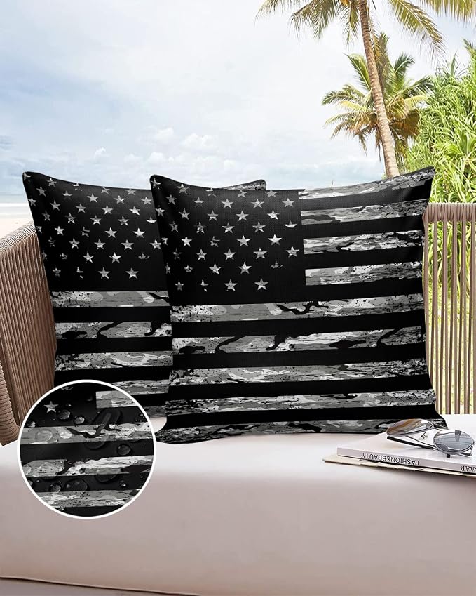 Camouflage Outdoor Pillow Covers Set of 2, American Patriotic Flag Independence Day Decorative Waterproof Throw Pillowcase USA Star Striped Camo Cotton Linen Soft Cozy Cushion Cover Pillowsham 20x20In