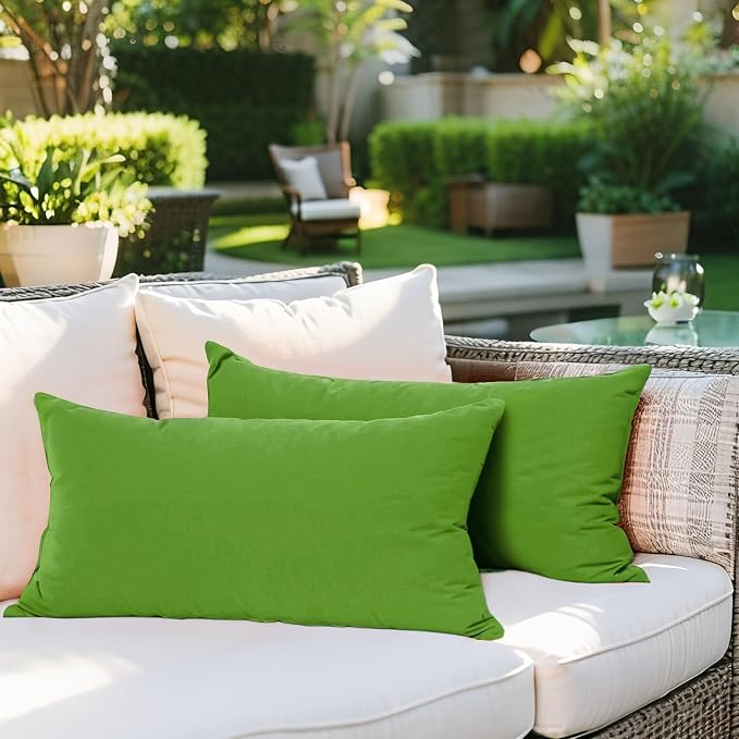 SK Studio Outdoor Water Resistant Throw Pillows, Decorative Patio Lumbar Cushions, Fluffy Furniture Garden Cushions for Home Patio Coach Sofa Use, Pack of 2, Green 1, 12x20 Inch