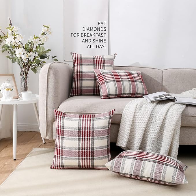 CARRIE HOME Red Christmas Euro Pillow Covers 26x26 Set of 2, Winter Christmas Holiday Red Farmhouse Buffalo Plaid European Pillow Covers 26 x 26 for Livingroom Couch Sofa