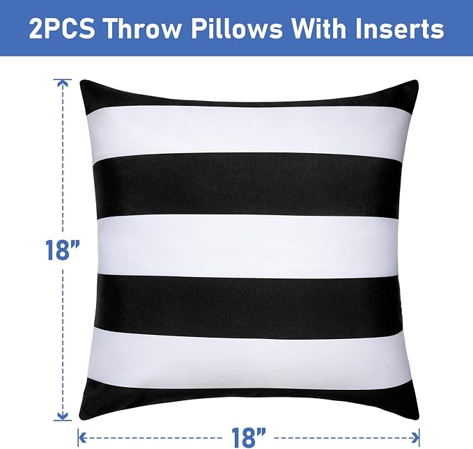 18x18 Waterproof Outdoor Pillows, Set of 2 Outdoor Throw Pillows | Patio Furniture Pillows, Fluffy Decorative Pillows, Waterproof &Fade Resistant, Removable & Washable, Black and White