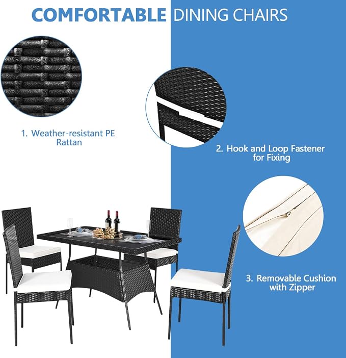 HAPPYGRILL 5-Piece Patio Dining Set Rattan Wicker Table Chairs Set with Cushions & Tempered Glass Table Top, Patio Furniture Outdoor Dining Set for Garden Poolside