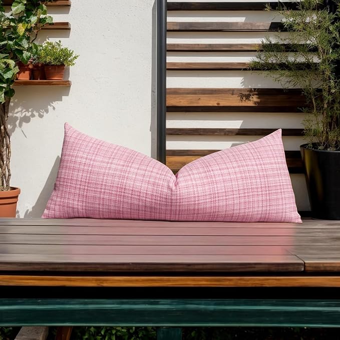 Kevin Textile Outdoor Waterproof 14"x36" Lumbar Pillow Cover 1 Pack, Pink | Water Resistant, Faux Linen Yarn-dyed, Woven Texture Throw Pillow Covers for Tent Patio Garden Couch Sofa
