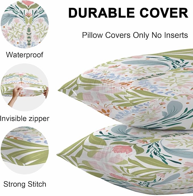 Outdoor Pillow Covers Waterproof, Green Blue Pink Floral All Weather Cushion Case Set of 2, Rustic Ethnic Boho Flowers Botanical Decorative Pillowcases for Sofa Couch Bed Decor Patio Furniture 26"x26"