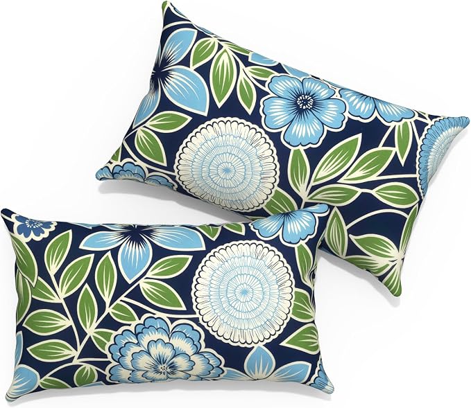 Outdoor Lumbar Pillows with Insert 12x20 Inch, Waterproof Throw Pillow for Patio Furniture, Decorative Lumbar Cushions for Garden Home Sofa Office Chair, Set of 2, Azure Botanical Symphony
