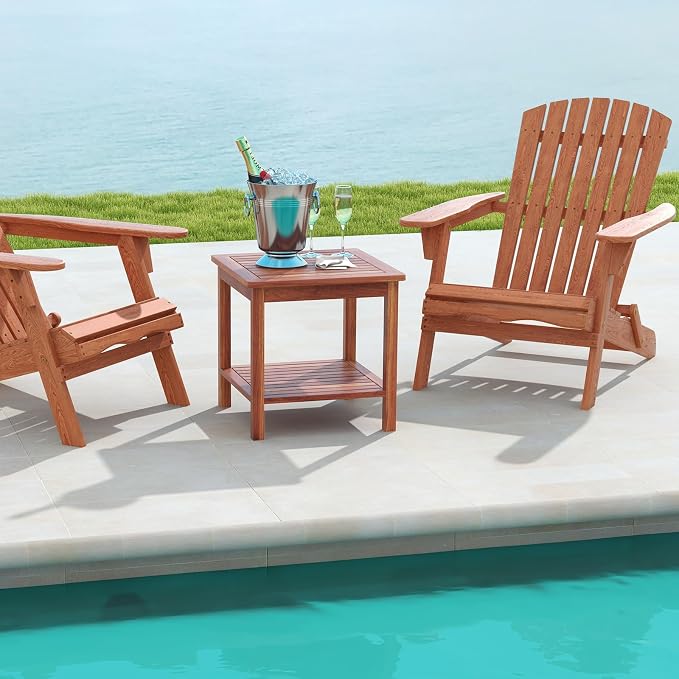 HAPPYGRILL Wood Outdoor Side Table Set of 2, Patio Square End Table, Sturdy Acacia Wood Coffee Table for Porch, Poolside, Backyard, Garden, Balcony, Living Room