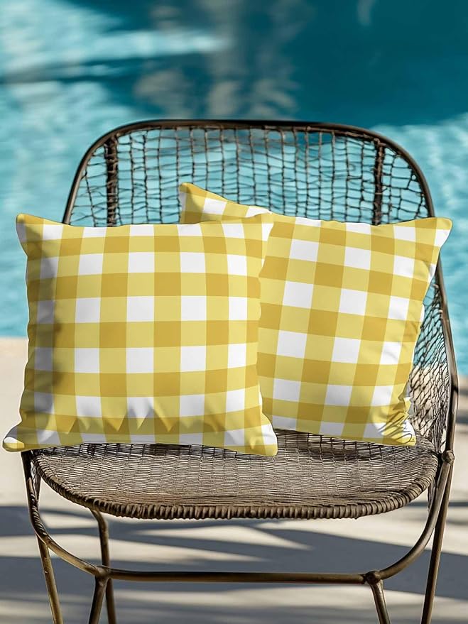 Waterproof Outdoor Pillow Set of 2 Yellow Buffalo Plaid Decorative Throw Pillows Cover & Insert 18x18 Inch Pillowcase Check Lines Square Pillows for Couch Sofa Bed Patio Furniture Indoor Outdoor
