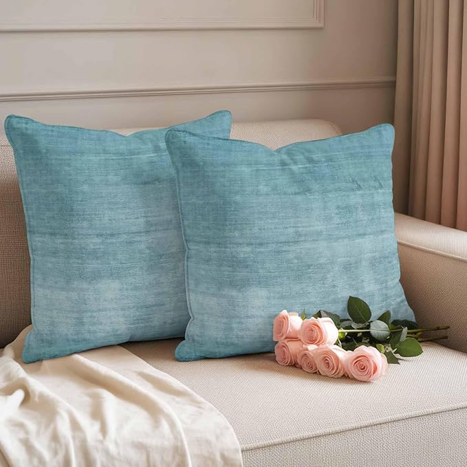 Vandarllin Outdoor Throw Pillows Covers 24x24 inch Set of 2 Waterproof Turquoise Linen Decorative Zippered Cushion Covers for Patio Furniture, Solid Color Texture Lumbar Pillowcases