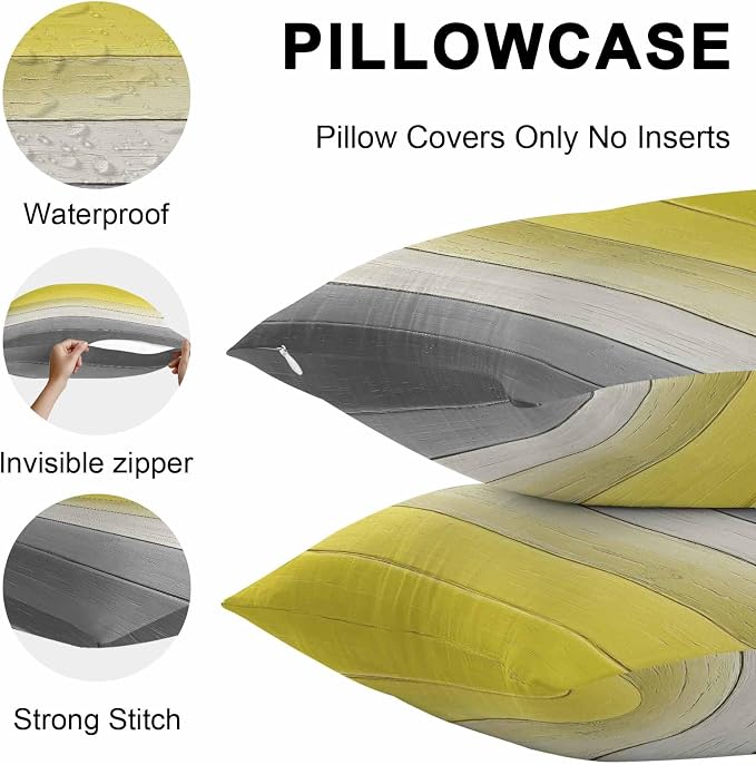 Yellow Gray Outdoor Pillow Covers 20x12 Inch Lumbar Pillow Covers Set of 2 Waterproof Decorative Throw Pillow Cases Country Vintage Abstract Gradient Wooden Cushion Covers for Patio Furniture Garden