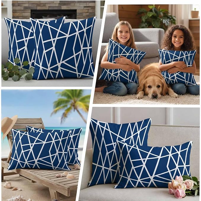 Outdoor Pillow Covers Waterproof, Nave Blue Geometric Decorative Square Throw Pillowcases Patio Cushion Covers for Tent/Garden, 16" x 16" 2 Pack, Abstract Stripes Modern Minimalist