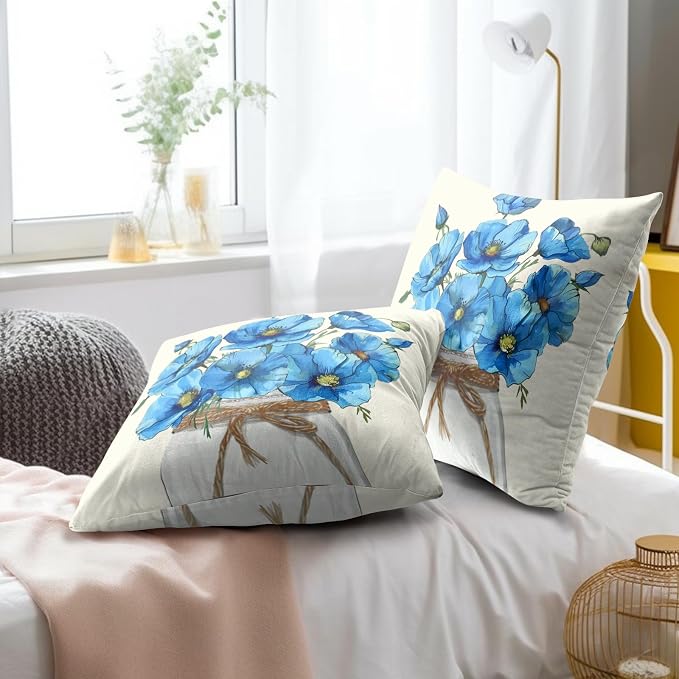 Blue Poppy Throw Pillow Covers 18x18 Inch Set of 2 Watercolor Summer Flower Mason Jar Decorative Pillow Cushion Cases for Sofa Couch Living Room Housewarming Party Decor