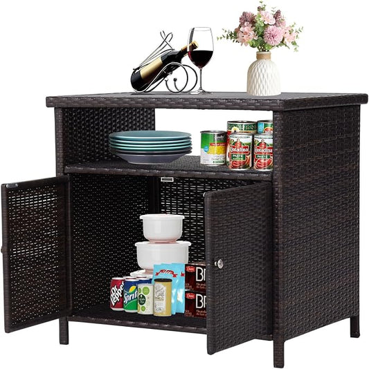 Wicker Outdoor Bar Table with Aluminum Tabletop - Outdoor Storage Cabinet Weather-Proof Rattan Bar Counter Table with Two Doors for Outdoor Cushions, Pool Toys and Garden Tools