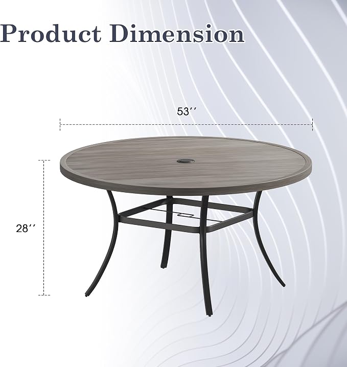 Outdoor Dining Table for 8, 53" Round Outdoor Table with Adjustable Umbrella Hole, All-Weather Metal Patio Dining Table for Lawn Garden Backyard Deck, Grey