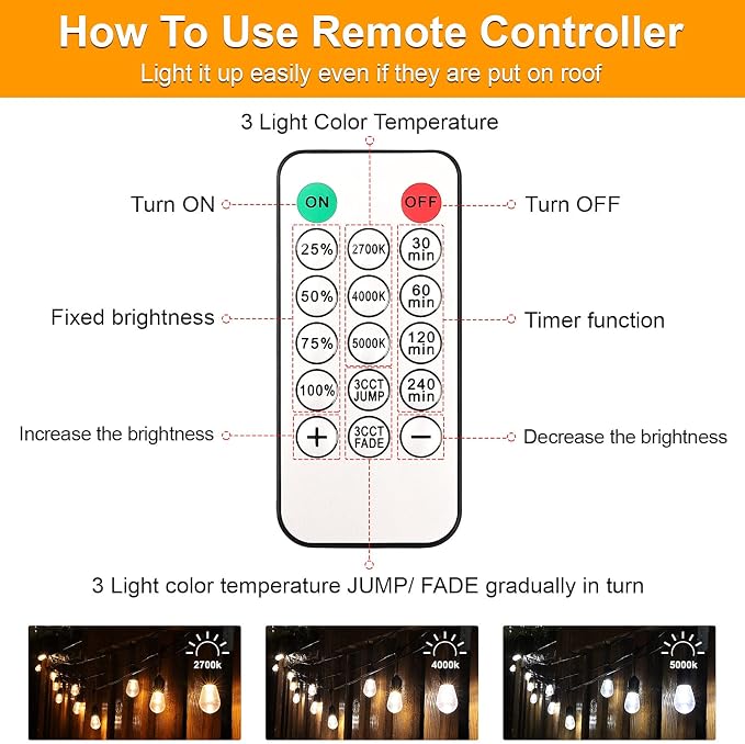 3 Color Outdoor LED Dimmable String Lights with Remote 48FT, Black | Plug in, Jump/Fade/Static Modes, 2700K/4000K/5000K, 15 S14 Bulbs, Shatterproof, Waterproof, Linkable, Backyard Patio Decor