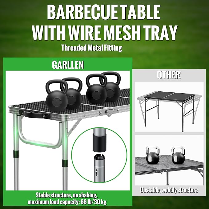 GARLLEN Folding Grill Table, 3 Adjustable Height Portable BBQ Table with Heat-Resistant Mesh Tabletop, Lightweight Aluminum Camping Tables for Outdoor, Grill, Picnic, 34.2" L x 15.7" W, Silver