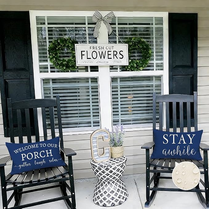 RABUSOFA Welcome to Our Porch Decor Outdoor Pillow Covers Waterproof,12x20 Set of 2 Blue and Cream Stay Awhile Relax Lumbar Cushion Case Decorations for Patio Couch (Blue)