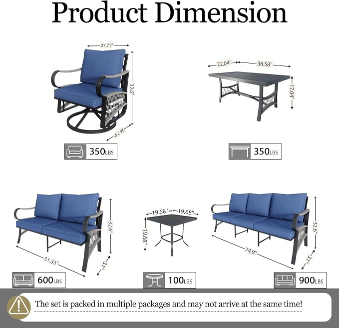 6 Pieces Patio Conversation Sets, All-Weather Metal Swivel Rocking Chairs with Rope Furniture Set, Outdoor Sofa Couch for Deck, Porch, Garden, Backyard, Poolside (Blue Cushions)