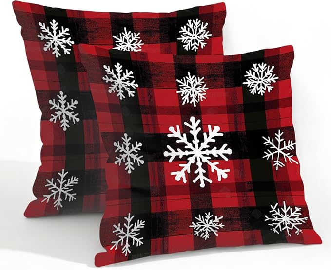 22x22 Inch Outdoor Pillow Covers Set of 2 Waterproof Throw Pillow Covers Decorative Couch Cushion Covers Buffalo Plaid Snow Square Pillowcases Protectors for Patio Garden Sofa