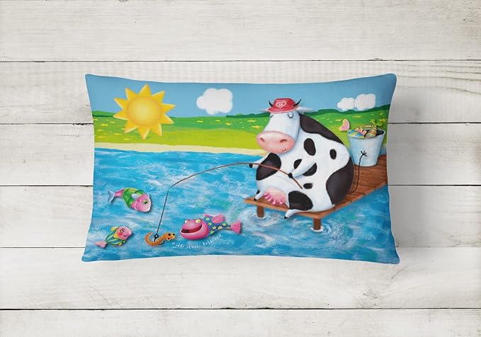 Caroline's Treasures APH0085PW1216 Cow Fishing Off of a Pier Canvas Fabric Decorative Pillow Machine Washable, Indoor Outdoor Decorative Pillow for Couch, Bed or Patio, 12HX16W