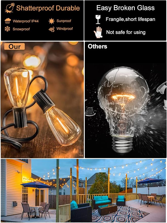 Outdoor String Lights 400FT Waterproof Outside Lighting for Patio Backyard | 208 Shatteproof Dimmable ST38 Edison Bulbs, 4-Pack x 100FT Connectable Outdoor Lights for Porch Bistro Garden Gazebo Balcony