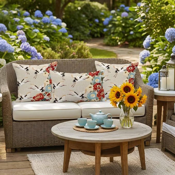 Japanese Style Outdoor Pillow Covers 16x16 Inch Throw Pillow Covers Set of 2 Waterproof Decorative Pillow Cases Country Vintage Blossom Peony Birds Cushion Covers for Patio Furniture Garden Couch Sofa