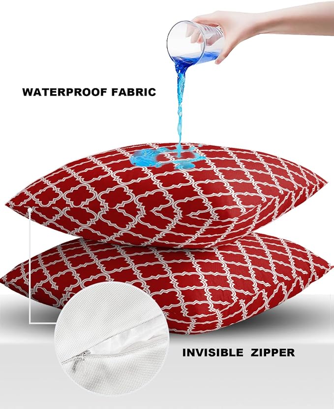 Outdoor Waterproof Pillow Covers for Patio Furniture Moroccan Pattern Decorative Throw Pillow Cover Geometric Trellis Red Pillowcases Set of 2 Cushion Case for Sofa Couch Chair Home Decor 26x26 inch