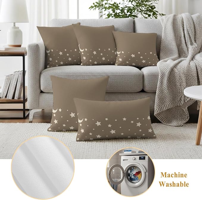 Stars Moon Waterproof Outdoor Pillow Covers Set of 2 Home Decor, Starry Night Khaki Lumbar Pillowcase Patio Pillow Covers for Couch Bench Patio Furniture Garden 20x20in
