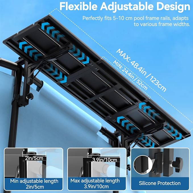 Pool Bar for Above Ground Pools, 49.2×9.6" Poolside Table Holds 110LBS, Adjustable Foldable Swim-Up Bar Fits Top Rails 3.94" or Less, Weather Resistant, for Outdoor & Balcony