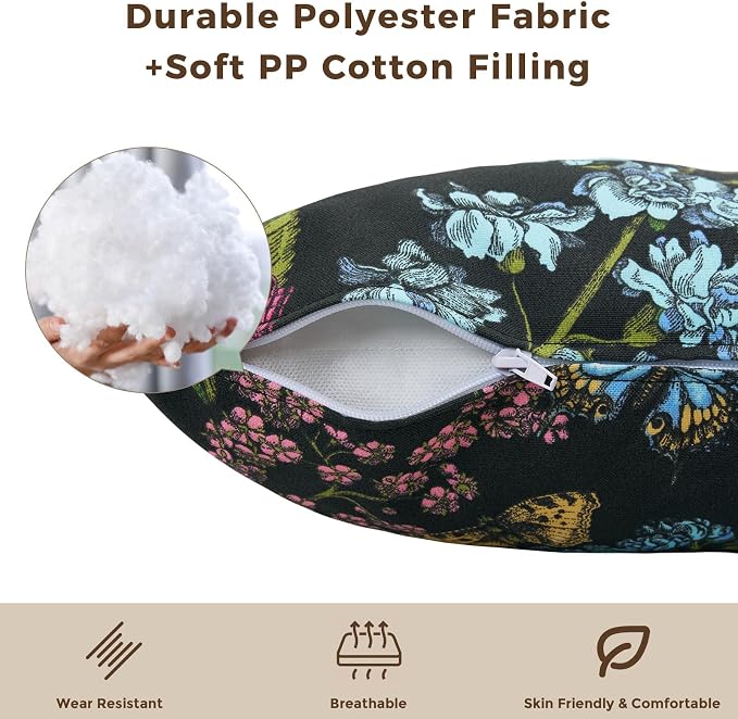 Throw Pillow with Insert, Set of 2, Outdoor Indoor Waterproof Decorative Patio Throw Pillow 18x18 Inch, Square Cushion for Couch Sofa Garden Farmhouse Decoration-Black Butterfly Flower
