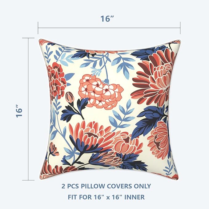 LVTXIII Outdoor Throw Pillow Covers 16x16 Waterproof Tropic Accent Pillow Cases Fluffy Outdoor Cushion Covers for Garden and Patio Furniture Decoration, 2 Pack, Red Chrysanthemum