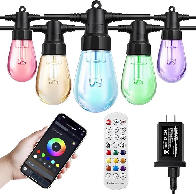 Color Changing Outdoor String Lights 121FT, Waterproof Patio Lights | 40 Dimmable Shatterproof LED Bulbs,Multicolor & Warm White, IP67 Waterproof, Custom Colors, Timer, Replaceable LED Chips, 24V