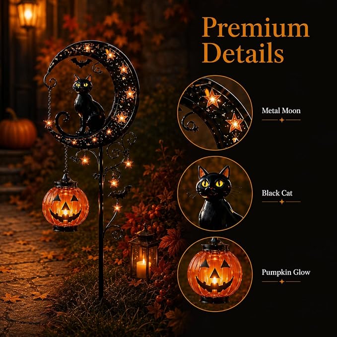 Solar Halloween Black Cat & Pumpkin Moon Garden Stake Light, Outdoor Waterproof LED Yard Decoration with Crescent Moon, Hanging Jack-o'-Lantern Lantern for Garden, Patio, Walkway, Porch(Style B)