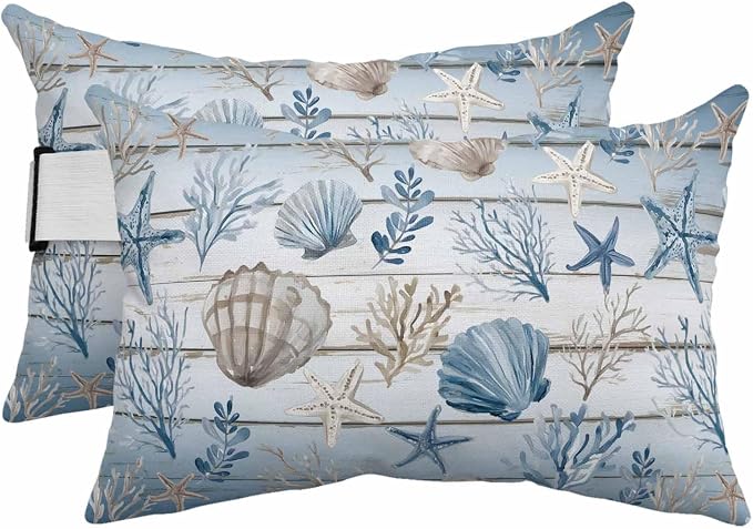 Blue Coastal Outdoor Pillows with Insert 11x16 Inch Summer Starfish Shell Coral Nautical Wood Grain Waterproof Headrest Pillows with Adjustable Strap Lounger Chair Throw for Patio Furnitures , 2 Pack