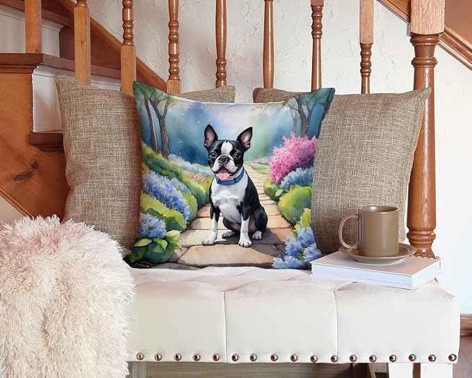 Caroline's Treasures Boston Terrier Spring Path Throw Pillow Machine Washable, Indoor Outdoor Decorative Pillow for Couch, Bed or Patio, 14Hx14W
