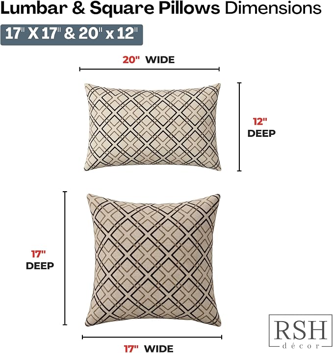 RSH DECOR: Sunbrella Lumbar & Square Pillows Set of 4 | 20" x 12" & 17" x 17" | Water and Fade-Resistant Performance Fabric | Outdoor Throw Pillows for Patio Furniture | Made in USA (Dwell Mahogany)