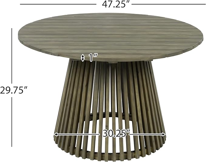 Christopher Knight Home Briar Farmhouse Acacia Wood Round Dining Table, Patio Dining Room Table with Unique Wooden Base for Backyard/Garden, Slatted Design Outdoor Dining Table, Light Teak