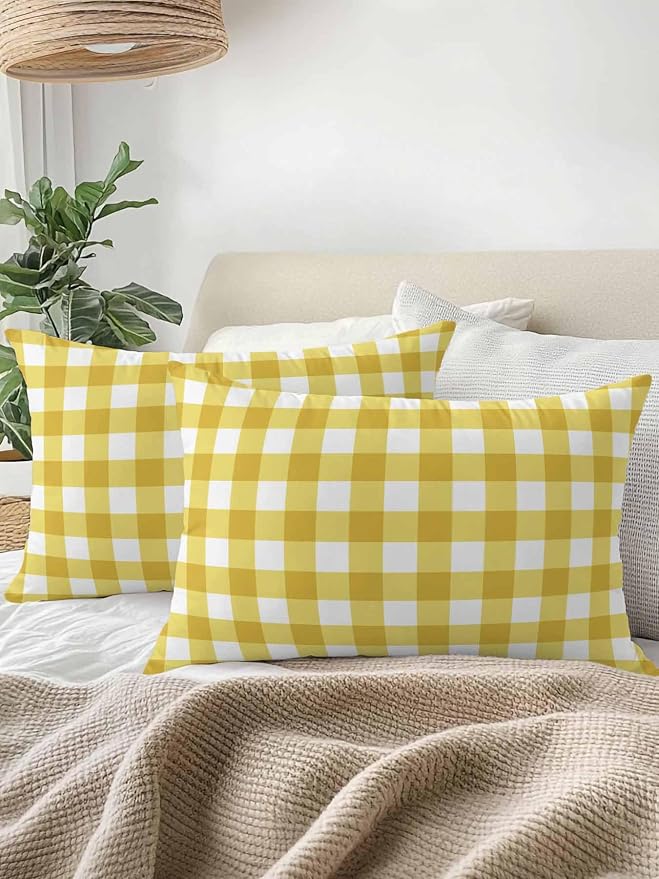 Waterproof Outdoor Pillow 1 Pack Yellow Buffalo Plaid Decorative Throw Pillows Cover & Insert 20x12 Inch Lumbar Pillowcase Check Lines Pillows for Couch Sofa Bed Patio Furniture Indoor Outdoor