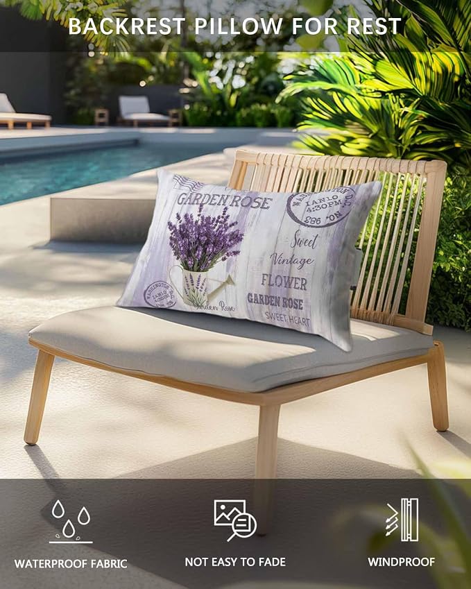 Pack of 4 Outdoor Lumbar Pillow Covers 11x16 Inch, Purple Lavender Waterproof Throw Pillow Covers Set, Vintage Farmhouse Rustic Floral Wooden Grain Outside Decorative Cushion Cases for Patio Porch Car