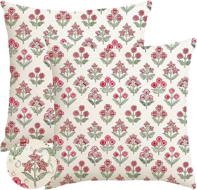 RABUSOFA Red Vintage Floral Summer Pillow Covers Set of 2,Seasonal Flower Oudtdoor Decorative Throw Cuchion Cases Spring Summer Decorations for Home Patio Couch Decor 18x18 Inch